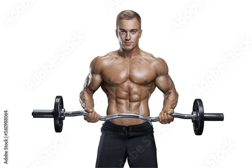 Man lifting weights, png transparent photo. Barbell workout. Attractive caucasian young male bodybuilder.