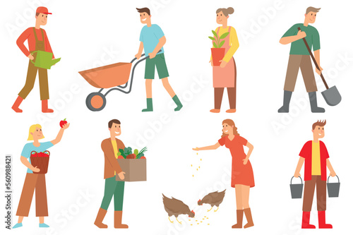 Garden harvest people set icons concept with people scene in the flat cartoon design. People harvest from the garden and vegetable garden. Vector illustration.