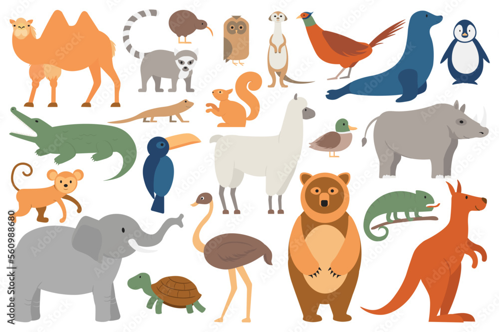 Cute animals set icons concept without people scene in the flat cartoon ...