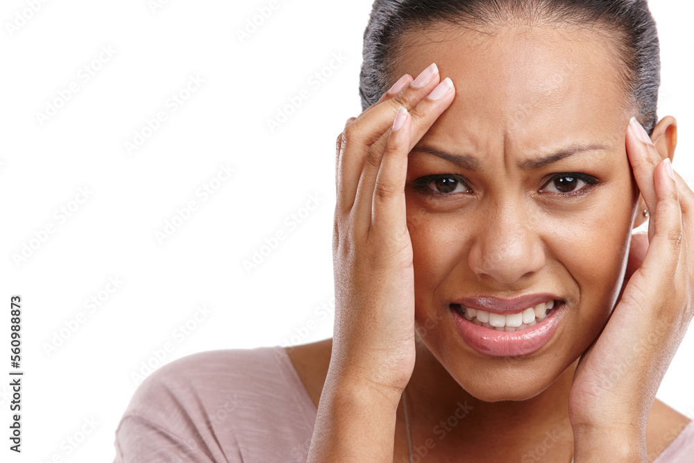 Woman, headache and mental health problems, stress or depression holding head in discomfort against a white studio background. Closeup portrait of isolated female suffering from pain, ache or illness Woman, headache and mental health problems, stress or depression holding head in discomfort against a white studio background. Closeup portrait of isolated female suffering from pain, ache or illness