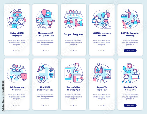LGBTQI workplace and therapist onboarding mobile app screens set. Walkthrough 5 steps editable graphic instructions with linear concepts. UI, UX, GUI template. Myriad Pro-Bold, Regular fonts used