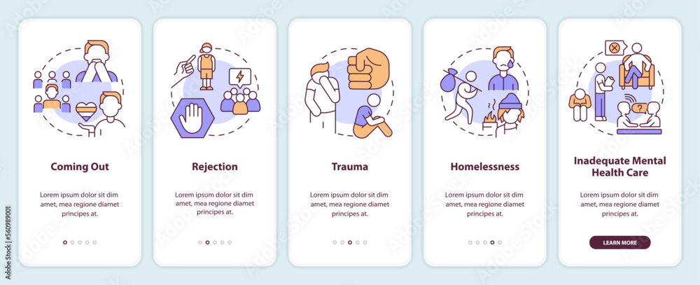 LGBTQI mental health risk factors onboarding mobile app screen. Walkthrough 5 steps editable graphic instructions with linear concepts. UI, UX, GUI template. Myriad Pro-Bold, Regular fonts used
