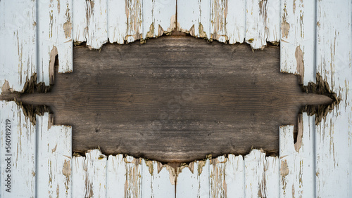Empty frame made of rustic old damaged aged white wooden boards, background grunge dark wood table or wall texture, design template