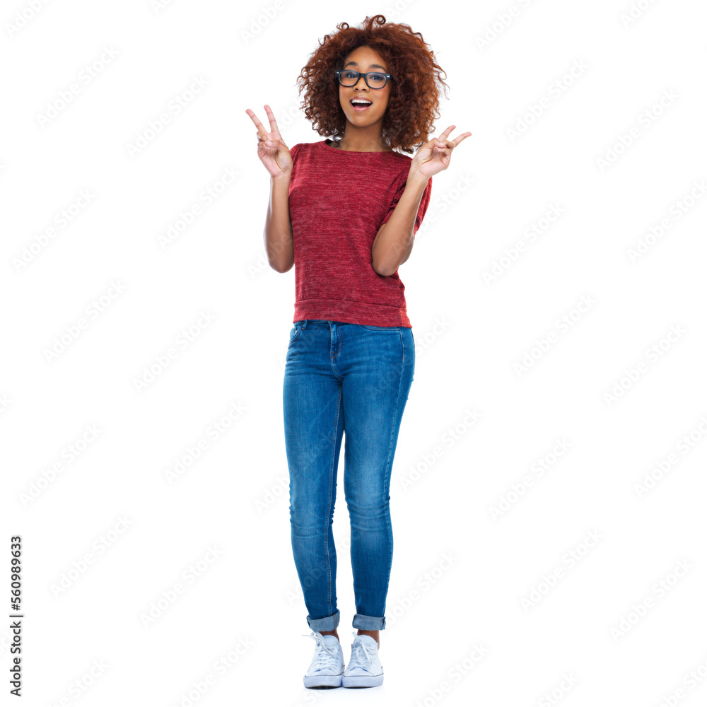 Portrait, peace and emoji with a black woman in studio isolated on a white background with a hand sign. Comic, social media and gesture with a happy young female posing on blank advertising space Portrait, peace and emoji with a black woman in studio isolated on a white background with a hand sign. Comic, social media and gesture with a happy young female posing on blank advertising space
