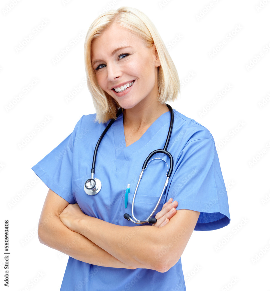 Woman, doctor and smile with arms crossed and stethoscope for healthcare against a white studio background. Portrait of a isolated female medical professional standing and smiling on white background Woman, doctor and smile with arms crossed and stethoscope for healthcare against a white studio background. Portrait of a isolated female medical professional standing and smiling on white background