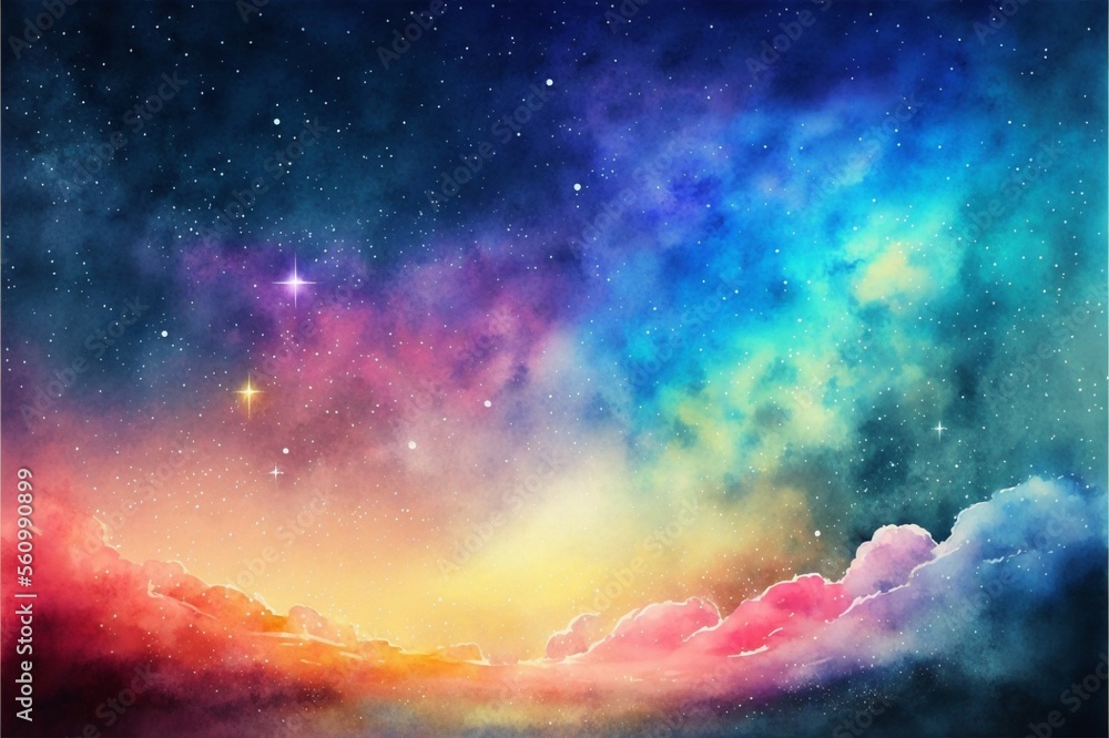 A vibrant watercolor illustration of a starry sky with colorful clouds ...