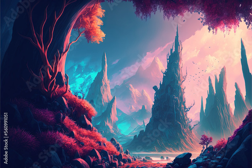 fantasy colorful mountains background - Generative AI