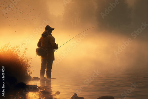 Fishing from shore at sunrise autumnal foggy. Generative AI.