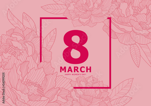 A pale pink postcard for March 8 - International Women's Day. Beautiful blooming peonies on a pink background. Lush buds of peonies.