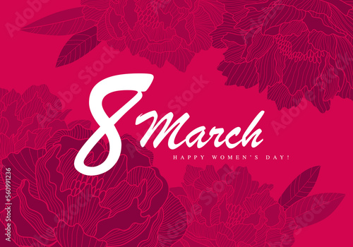 Lush buds of blooming red peonies on a red background. Stylish postcard for March 8 - International Women's Day.