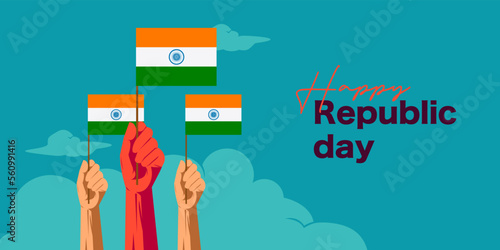 Happy Republic Day text with Man holding the Indian flag in hand vector illustration  