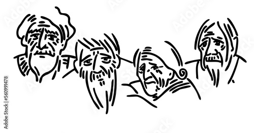 old people group. Elderly men and women. Linear drawing. Lonely old age. Sad elderly people