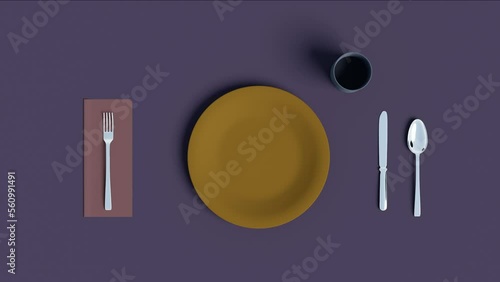 Simple dinner table setting of generic kitchen utensils in unconventional color scheme, 3d rendering. Tableware as mockup with copy space, basic dining set