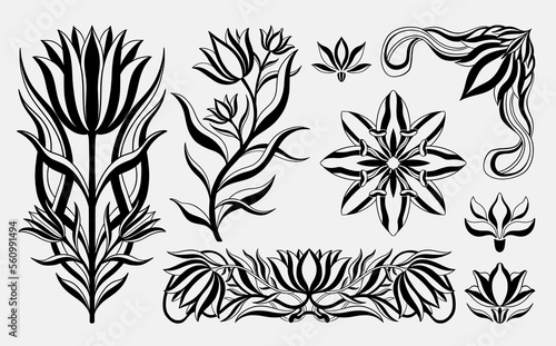 Floral tulip set in art nouveau 1920-1930. Hand drawn in a linear style with weaves of lines, leaves and flowers.