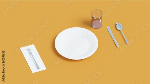 Simple dinner table setting of generic kitchen utensils, 3d rendering. Mockup of tableware with copy space, basic dining set in vibrant background