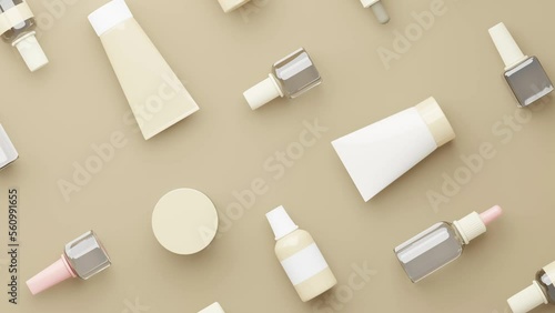 Beauty and self care cosmetology products on pastel background, 3d rendering. Glass jars, tiny bottles and tubes of cosmetics, digital illustration
