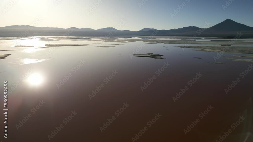 Laguna Colorada, Aerial Drone Above Red Lake Lagoon, Sun Reflects Water, Bolivia Travel and Tourism, Unpolluted Latin America Laguna Colorada, Aerial Drone Above Red Lake Lagoon, Sun Reflects Water, Bolivia Travel and Tourism, Unpolluted Latin America