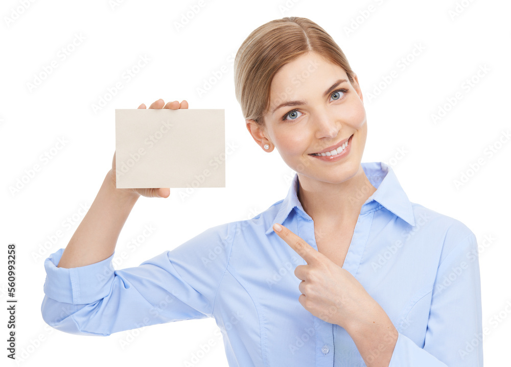 Presentation, card and portrait of a business woman marketing a brand on a white background in studio. Showing, branding and employee pointing to paper for advertising of logo on a studio background Presentation, card and portrait of a business woman marketing a brand on a white background in studio. Showing, branding and employee pointing to paper for advertising of logo on a studio background