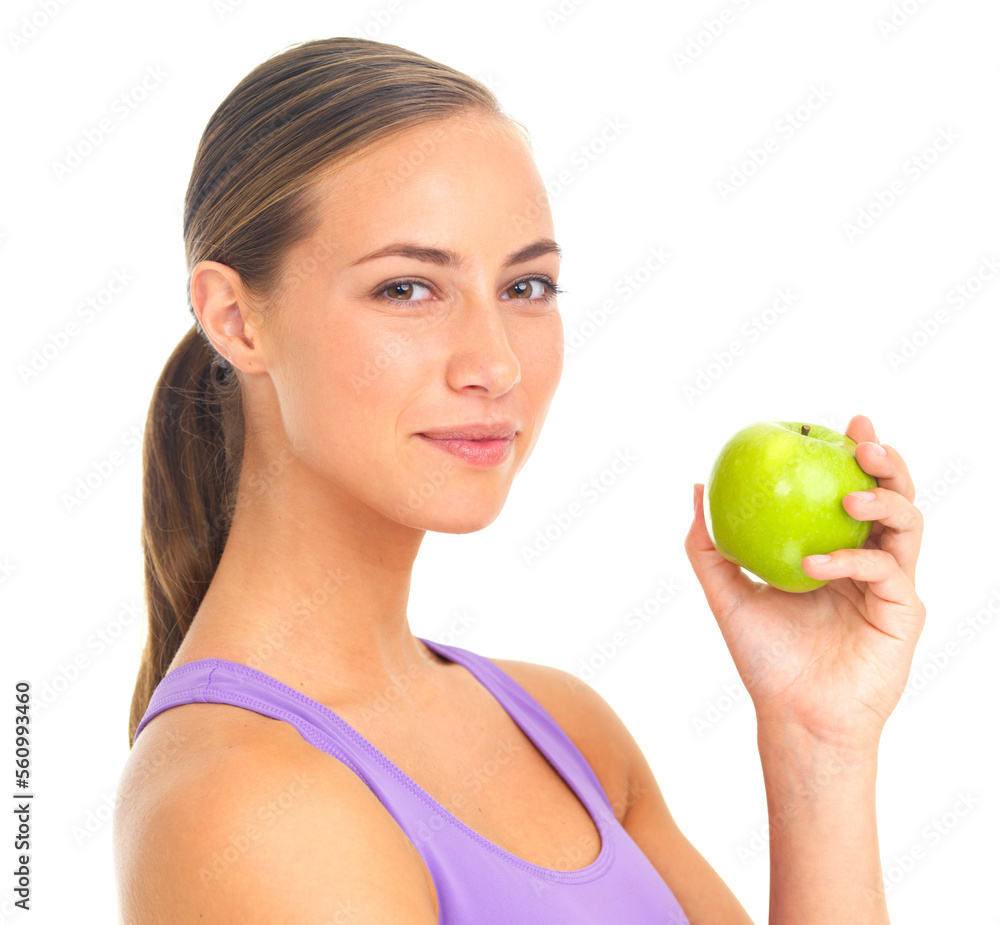 Nutrition, fruit and portrait of a woman with an apple for health on a white background in a studio. Food, smile and fitness trainer with fruits for vegan diet and lifestyle on a studio background Nutrition, fruit and portrait of a woman with an apple for health on a white background in a studio. Food, smile and fitness trainer with fruits for vegan diet and lifestyle on a studio background