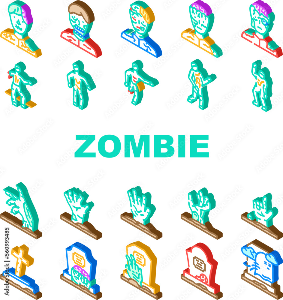 zombie horror dead monster icons set vector. halloween scary, hand death, undead silhouette, grave man, fear nightmare, night zombie horror dead monster isometric sign illustrations