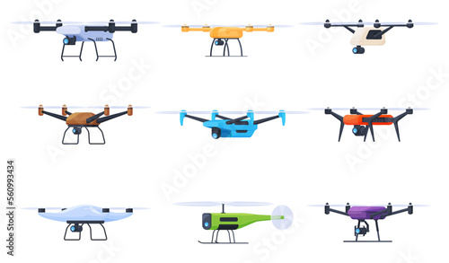 Drones for various tasks, surveillance, video recording, delivery of goods. Unmanned personal aircraft. Vector illustration