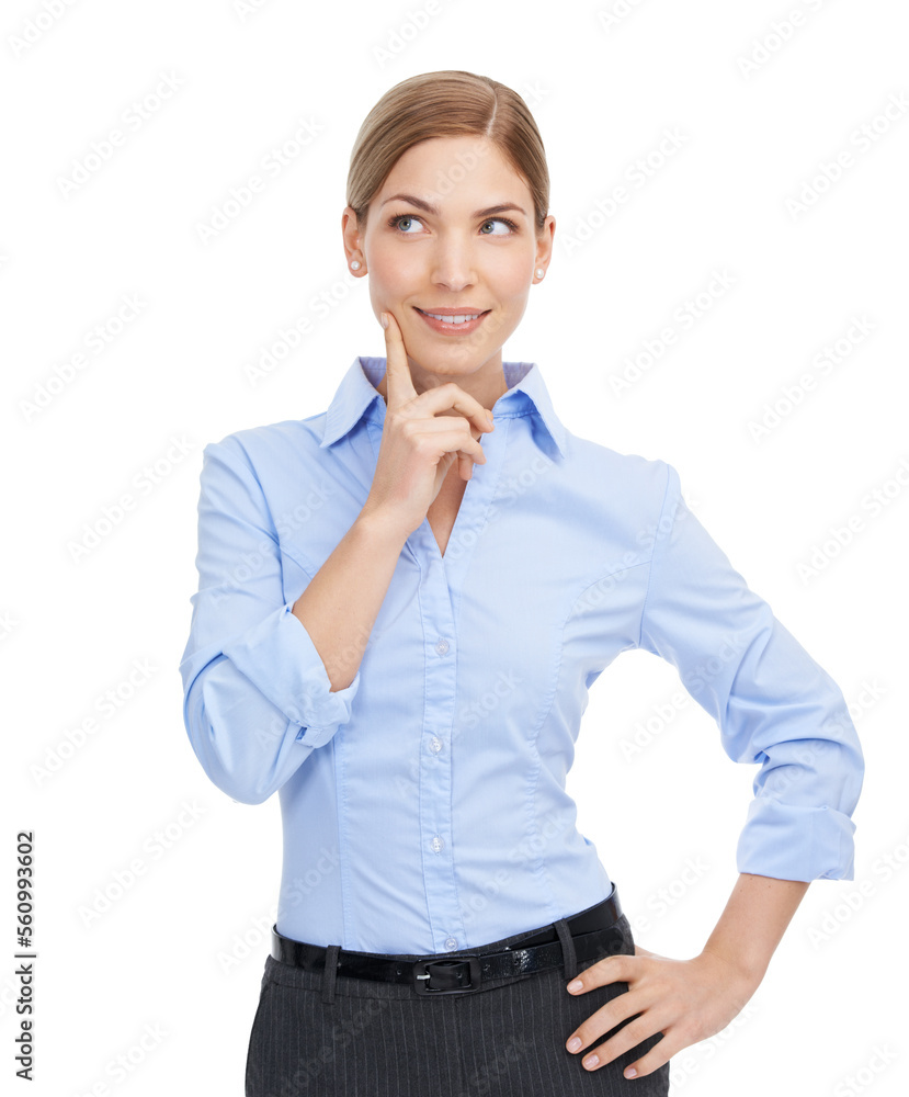 Business, woman and thinking of ideas in studio, mindset or planning goals to remember memory. Inspiration, decision and female worker daydream on white background for vision, hope and mind solution Business, woman and thinking of ideas in studio, mindset or planning goals to remember memory. Inspiration, decision and female worker daydream on white background for vision, hope and mind solution