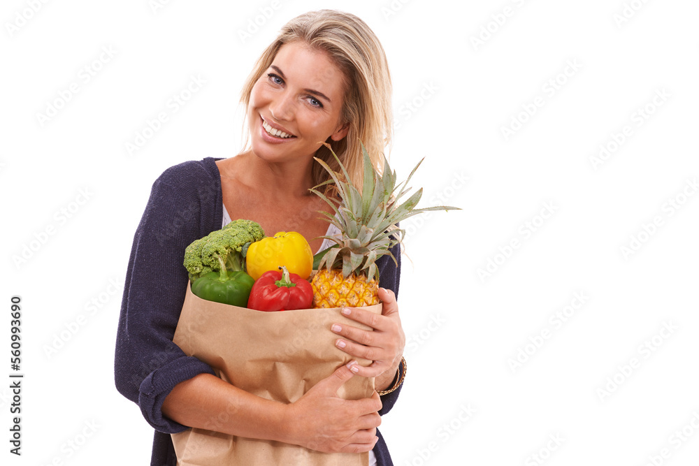 Shopping, portrait or happy woman with vegetables, fruit or healthy food in studio on white background. Diet, smile or happy customer with fruits isolated on marketing or advertising mockup space