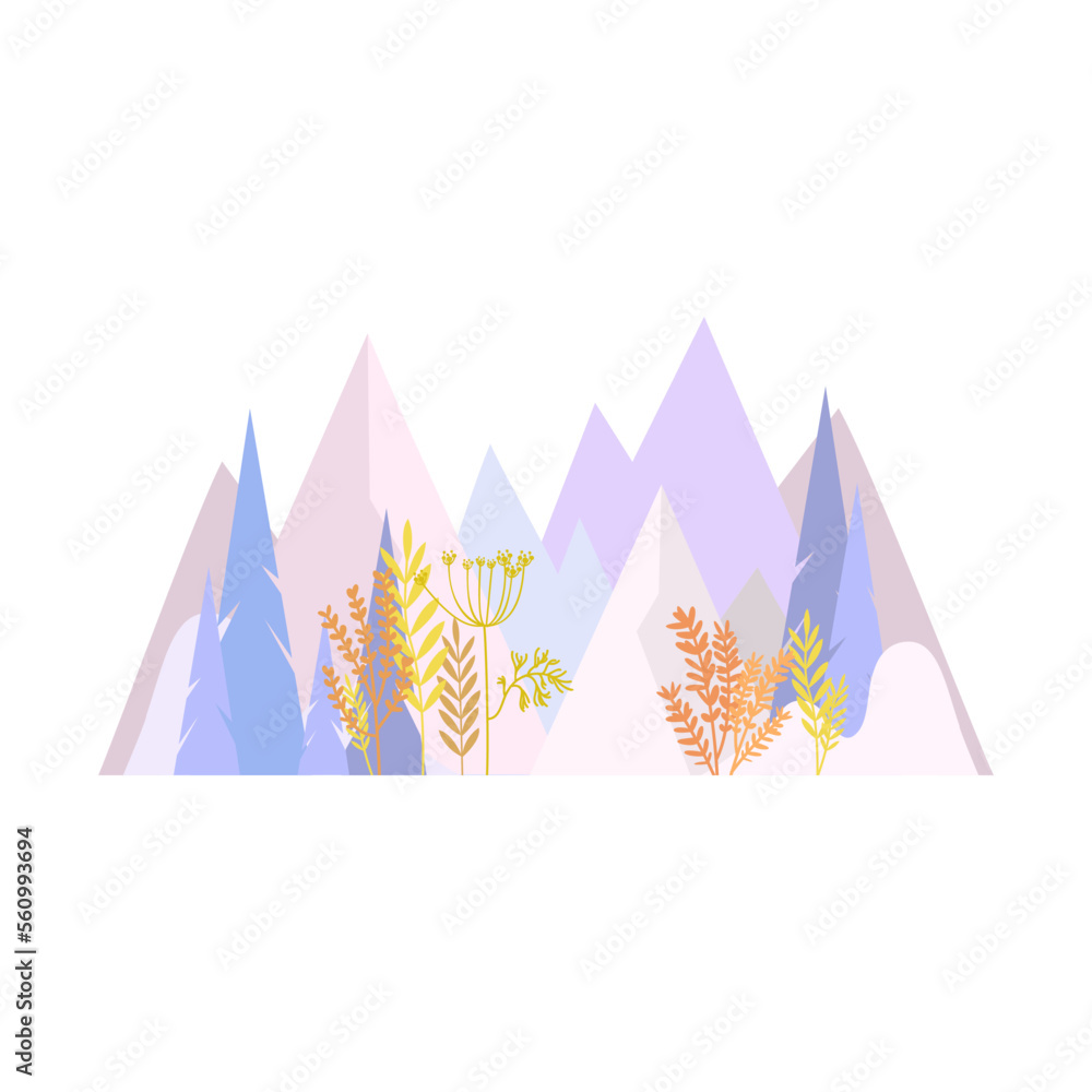 Landscape view of the mountains with pine trees and blooming herbs, outdoor in the nature
