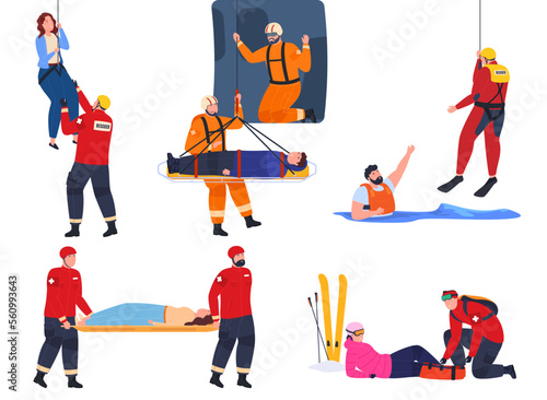 Professional lifeguards help people save their lives and health. Rescue operations to evacuate victims. Vector illustration