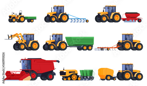 Tractor. Agricultural machinery for tillage. A heavy machine for working in the field, growing and collecting ecological farm products. Vector illustration