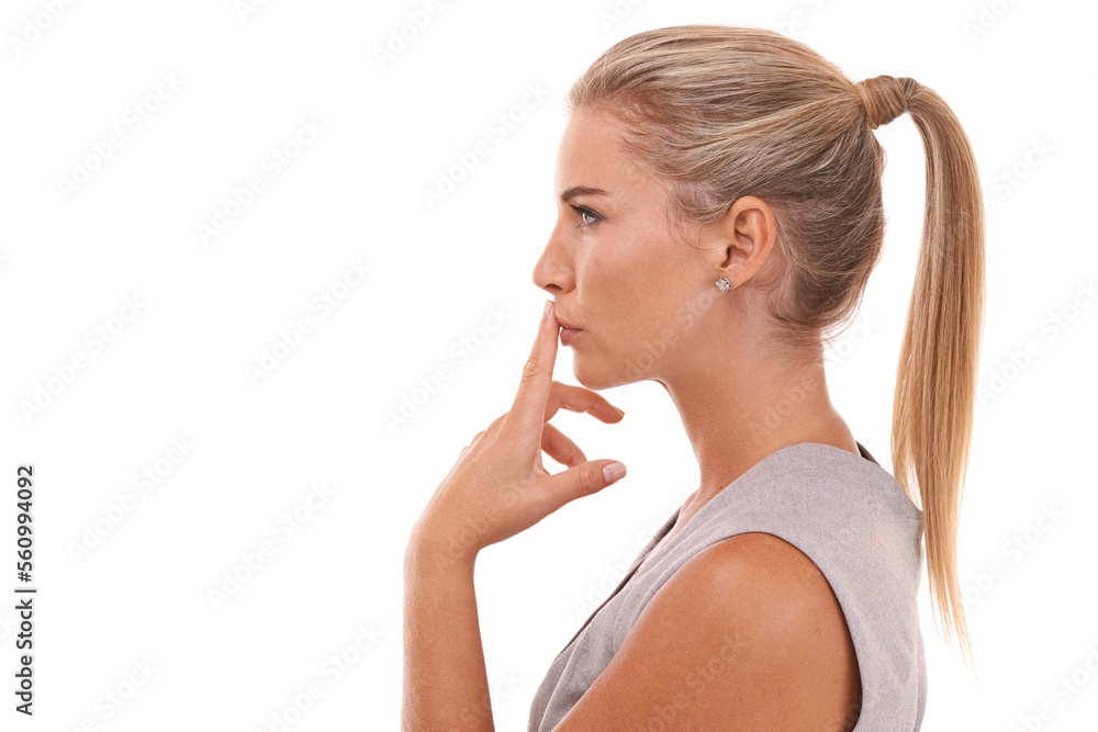 Thinking, studio profile and business woman, manager or worker contemplate idea, corporate plan or marketing strategy. Employee mock up, silence and model girl isolated on mockup white background Thinking, studio profile and business woman, manager or worker contemplate idea, corporate plan or marketing strategy. Employee mock up, silence and model girl isolated on mockup white background