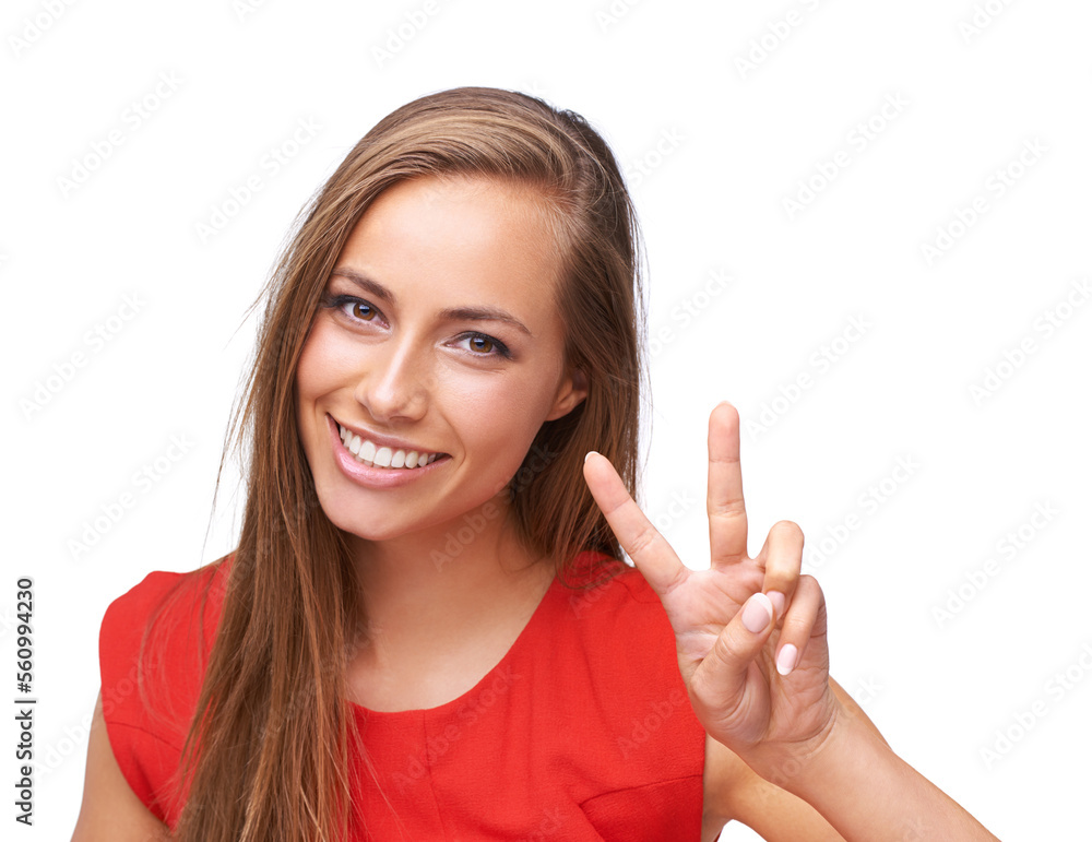 Happy woman, portrait and peace hand sign with a smile and happiness freedom emoji isolated on white background. Face of a young female with fingers for a positive mindset, motivation and kindness