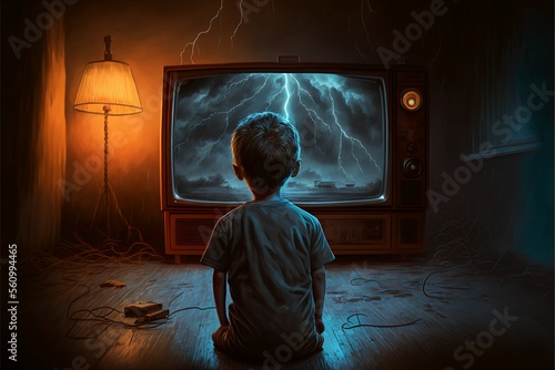 A boy watching an vintage tv, digital painting style made with generative AI.