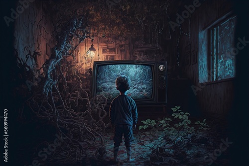 A boy watching an vintage tv that is overgrown with thorn vines, digital painting style made with generative AI.
