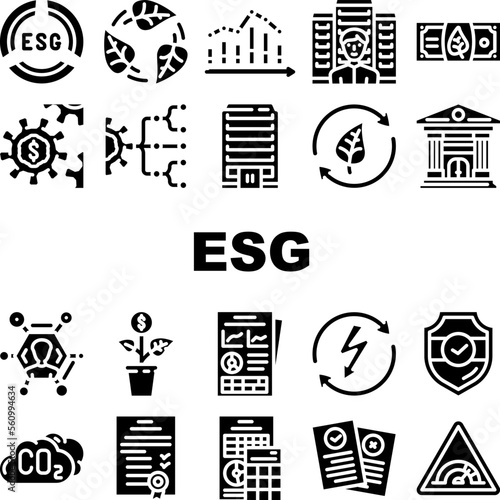 environmental social governance icons set vector. esg business, energy social, eco green, company ecology, sustainable investment environmental social governance glyph pictogram Illustrations