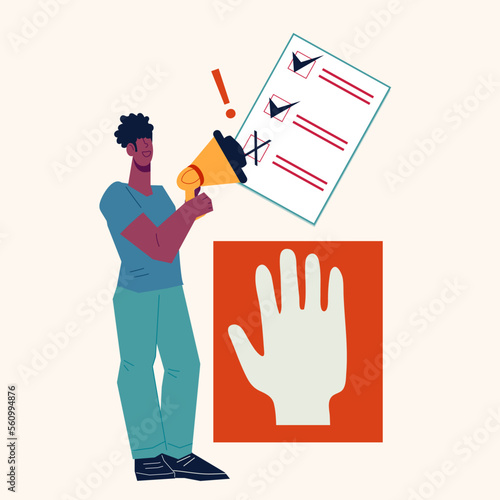 Democratic voting banner design. Human rights, elections and social equality concept, flat vector illustration isolated on white background. Woman convinces to give the ballot for the candidate.