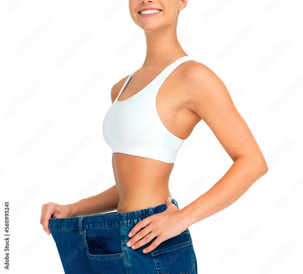 Health, weight loss and diet, woman with jeans and tummy tuck with skinny  waist, cropped and isolated on white background. Fitness, healthcare and  wellness, girl with slim figure and shrinking pants. Stock