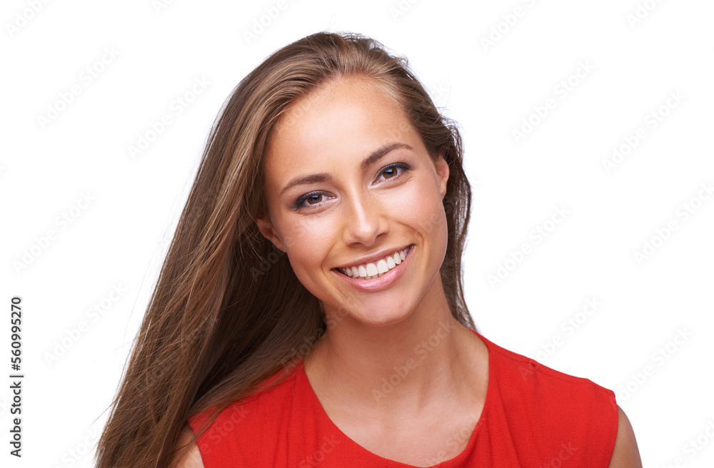 Smile, perfect teeth and beauty portrait of a woman isolated on a white background with a positive mindset. Young professional female model happy in studio with makeup, cosmetics and hair care Smile, perfect teeth and beauty portrait of a woman isolated on a white background with a positive mindset. Young professional female model happy in studio with makeup, cosmetics and hair care