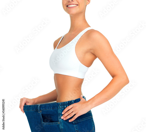 фотографія Health, weight loss and diet, woman with jeans and tummy tuck with skinny waist, cropped and isolated on white background