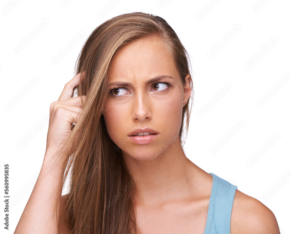 Thinking, stress and confused girl with question scratching head unhappy with problem, decision or fail. Anxiety, doubt and puzzled model with confusion on face at isolated white background. Thinking, stress and confused girl with question scratching head unhappy with problem, decision or fail. Anxiety, doubt and puzzled model with confusion on face at isolated white background.