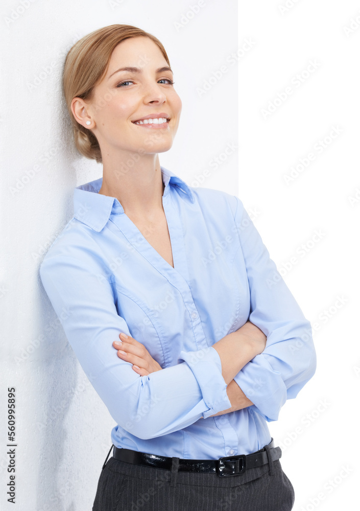 Business woman, happy portrait and arms crossed with a smile and pride for leadership and career choice. Entrepreneur in studio for startup success and happiness isolated on white background Business woman, happy portrait and arms crossed with a smile and pride for leadership and career choice. Entrepreneur in studio for startup success and happiness isolated on white background