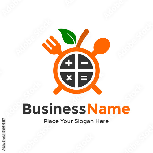 Calorie calculator vector logo template. This graphic with fruit, orange, fork and spoon symbol. Suitable for healthy, life, count and fitness.