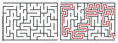 Abstract maze. Find right way. Isolated simple square maze black line on white background. Vector illustration.