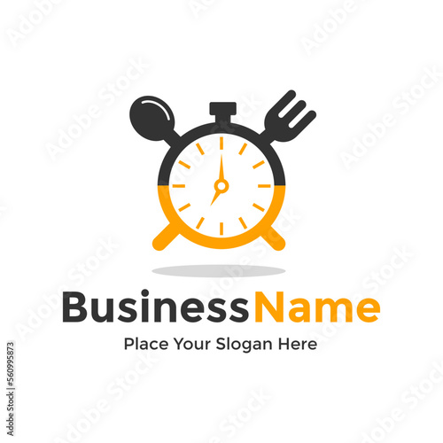 Eat time vector logo template. This logo with clock, spoon and fork symbol. Suitable for home, restaurant, cooking, healthy.