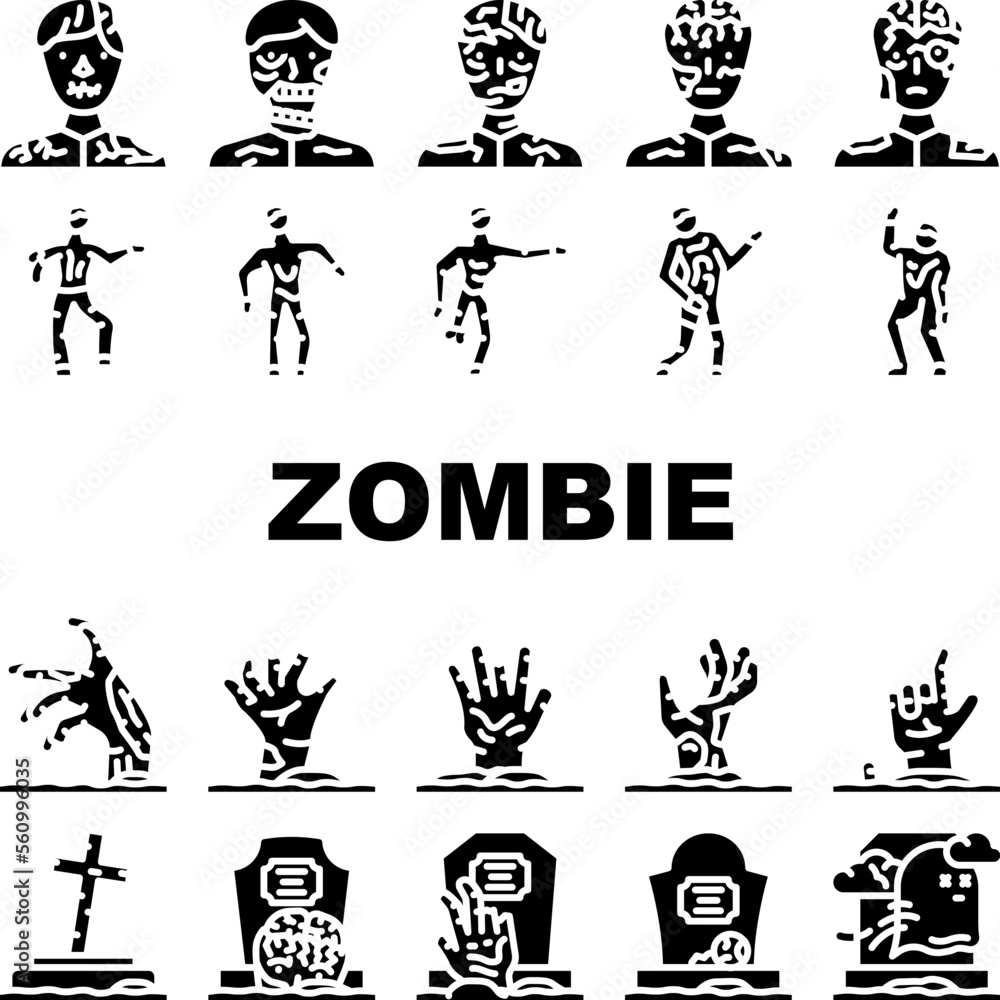 zombie horror dead monster icons set vector. halloween scary, hand death, undead silhouette, grave man, fear nightmare, night zombie horror dead monster glyph pictogram Illustrations