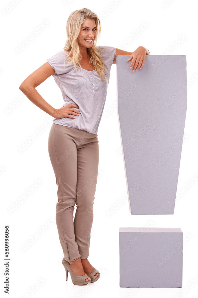 Portrait, exclamation mark and grammar with a model woman in studio on a white background for an announcement or important news. Attention, exclamation and importance with a female standing indoor Portrait, exclamation mark and grammar with a model woman in studio on a white background for an announcement or important news. Attention, exclamation and importance with a female standing indoor