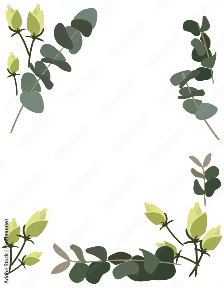 A frame of white rose buds with green eucalyptus twigs on a white background. Delicate background for printing on paper and textiles. Printing for packaging, postcards for Mother's Day, Valentine's A frame of white rose buds with green eucalyptus twigs on a white background. Delicate background for printing on paper and textiles. Printing for packaging, postcards for Mother's Day, Valentine's