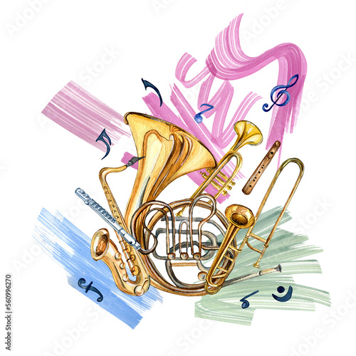 Photography Wind musical instruments, symbols and paint stroke watercolor illustration isolated