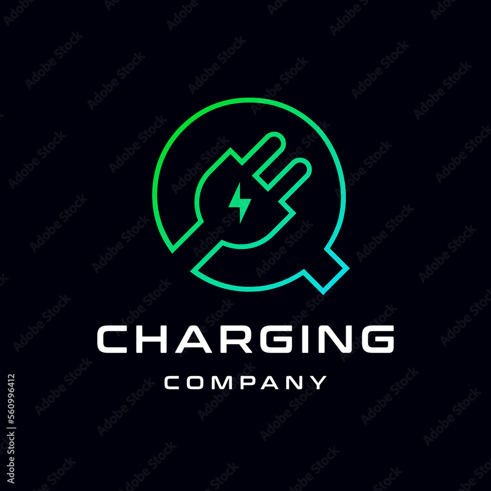Letter Q Electric Plug vector logo template. Font with green and blue gradient graphic. Technology background. This alphabet is suitable for energy, power, cable, wire, electrical, device, connect.