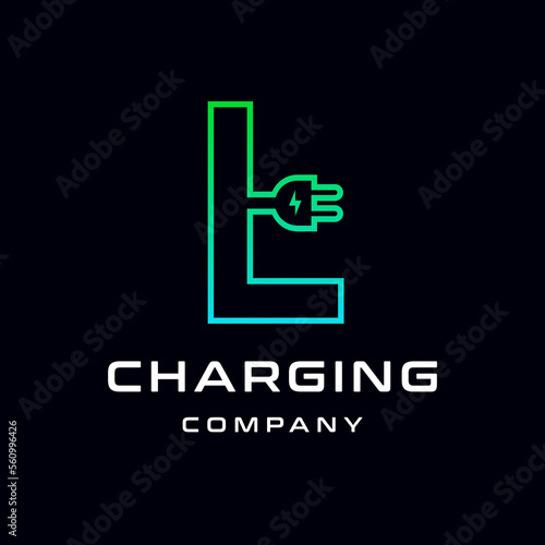Letter L Electric Plug vector logo template. Font with green and blue gradient graphic. Technology background. This alphabet is suitable for energy, power, cable, wire, electrical, device, connect.